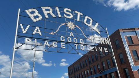 The town's sign reads: Bristol VA and Tenn, A good place to live