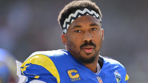 Defensive end Myles Garrett looks on during his debut for the Los Angeles Rams in Australia