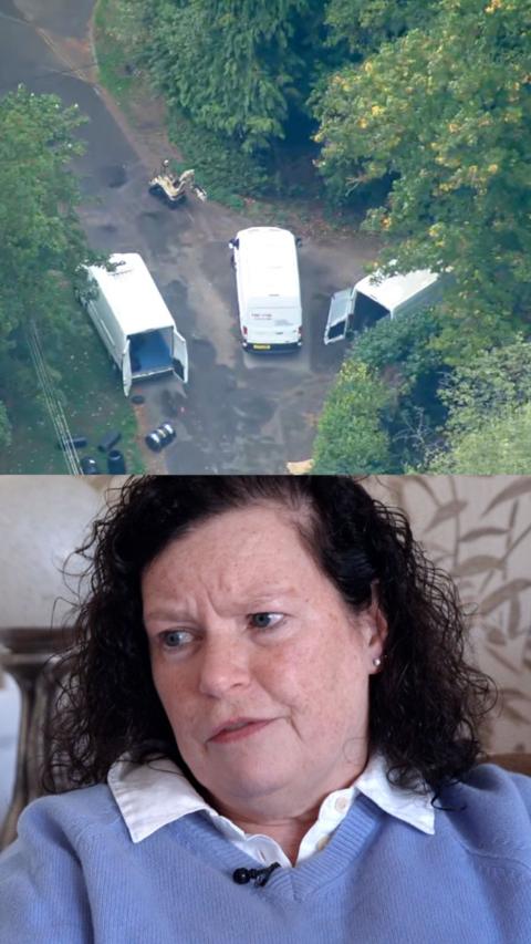 Top image is three, white vans from an aerial point of view being investigated by police. The bottom photo is a woman with a microphone mid sentence.