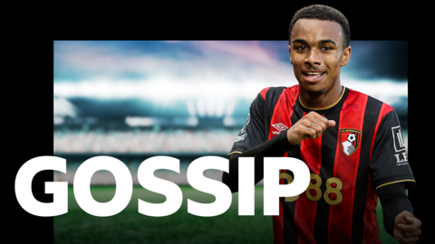 Graphic with gossip written in white capitals along the bottom and a picture of Eli Junior Kroupi, wearing a black and red Bournemouth shirt