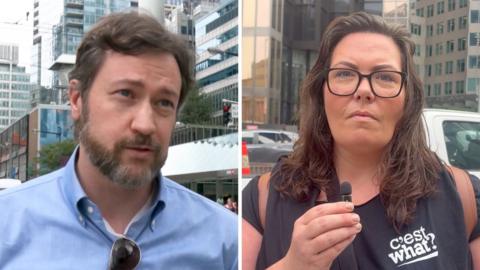 Split screen. Left, man being interviewed. Right, female being interviewed.