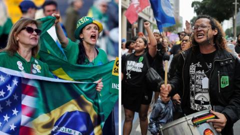 A composite photo shows supporters of Jair Bolsonaro waving Brazilian flags and dressed in Brazil football shirts on the left, and on the right opponents of Bolsonaro are seen. One woman has her fist in the air, while a man plays a drum.