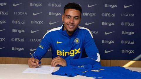 Morgan Rogers signs his contract after becoming a Chelsea player