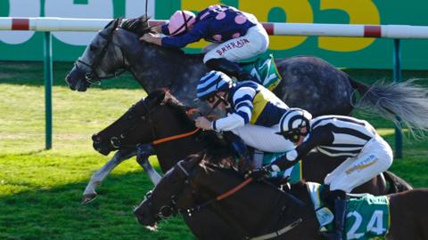 Jockey Mikey Sheehy - in blue, yellow and white silks and blue striped hat - rides Pierre Royal to win the Cambridgeshire at Newmarket Racecourse