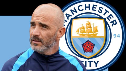 A graphic of Enzo Maresca in front of a sky blue and black background and the Manchester City club badge