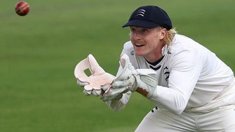 Harry Duke of Middlesex in wicketkeeping action during the Rothesay County Championship Division 2 match between Durham and Middlesex at Banks Homes Riverside on September 09, 2026 in Chester-le-Street, England.