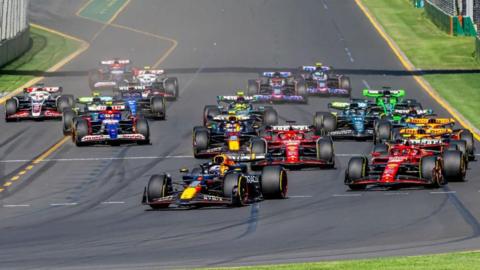 Max Verstappen leads the field into the first corner at the 2024 Australian Grand Prix