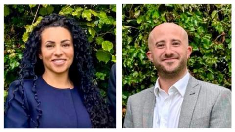 Caroline Clapper with long dark hair smiling at the camera and wearing a blue dress. There is a tree behind her. Brett Rosehill has very short hair and a short brown beard. He is smiling at the camera and wearing a grey jacket over a white shirt. He is also standing in front of a tree.