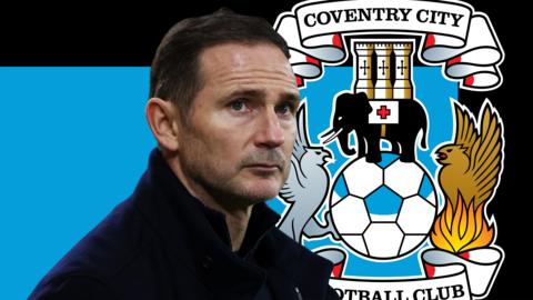 Frank Lampard in front of a sky blue and black background and the Coventry City club badge