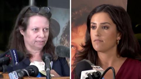 Split screen. On both sides, we see females talking to the press with microphones in front of them.