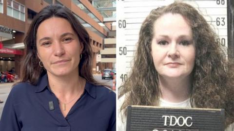 A woman on the left wearing a dark blue shirt standing outside a hospital and a woman on the right holding a DOC sign in prison uniform.