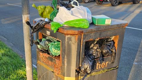 A public litter bin on a residential street during daylight. The bin is dark grey with rust patches and has the word “Litter” printed on it in faded letters. A sticker on the front reads “Bag it & Bin it” with an image of a dog, indicating it’s also for dog waste. The bin is overflowing with rubbish: several plastic bags in green, white, and black are stuffed into the top and hanging out. More black bin bags and one green-and-white Asda shopping bag are piled on the ground around the base of the bin. The pavement is wet, and the bin stands next to a metal lamppost. In the background, there are rows of beige brick houses with white-framed windows, parked cars, and a grassy verge along the pavement. The lighting suggests early morning or late afternoon, with long shadows cast across the road.