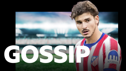 Julian Alvarez in a red and white striped Atletico Madrid shirt behind a gossip graphic