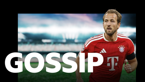 Graphic with the word 'gossip' in white capital letters along the bottom and a photo of Harry Kane, wearing a red Bayern Munich shirt and running, on the right