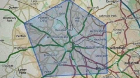 A map showing an area covered by a dispersal order. It is a blue shaded shape on a map and inside the area are places in Wolverhampton including Whitmore Reams, Goldthorn and Bilston.