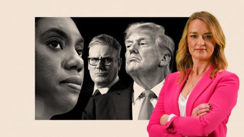 A treated image of Kemi Badenoch, Keir Starmer and Donald Trump