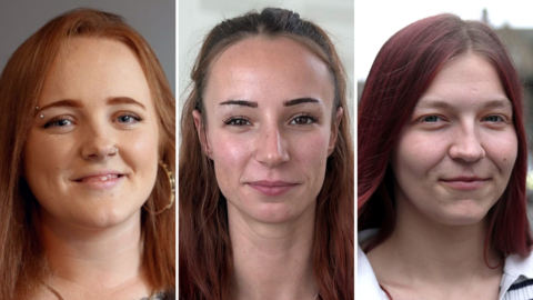 A three-way split pic showing headshots of three young women looking straight at the camera.