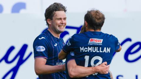 Raith Rovers' Anton Dowds celebrates with Paul McMullan after scoring to make it 2-0 during a Scottish Championship match between Raith Rovers and Ayr United at Stark's Park, on August 22, 2026