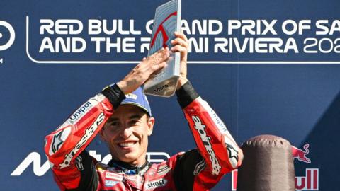 Marc Marquez celebrates winning the San Marino MotoGP