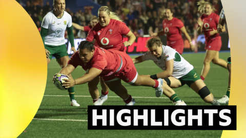 A highlights graphic featuring an image of Sisilia Tuipulotu going over for a try