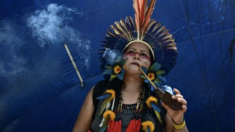 An Indigenous woman in traditional dress protests outside the COP summit in Brazil.