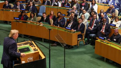 Trump is addressing the audience at the UN.