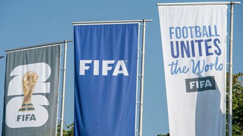 Fifa flags outside its global headquarters in Zurich, Switzerland, in July 2026