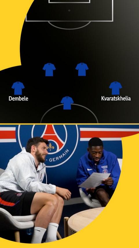 Dembele and Kvaratskhelia looking at a list of players