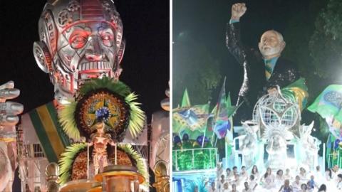 Split screen showing robot figure of Lula da Silva of the left, and giant realistic statue of Lula on the right during Carnival parade