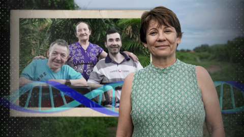 Silvana Santos is shown in a green patterned dress in this designed image, with three patients with Spoan disease shown in a bordered image in the background.