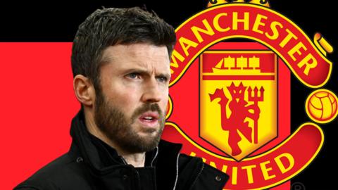 Michael Carrick in front of a red and black background and the Manchester United club badge