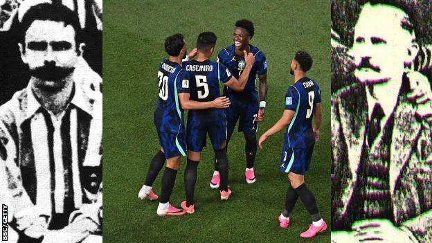 Composite image featuring three photographs side by side. On the left, a grainy black-and-white portrait of a young Charles Miller wearing an early football shirt with a striped collar, sporting a moustache and side-parted hair. In the centre, a colour photograph of four Brazil players celebrating a goal on the pitch, wearing the team's navy-blue away kit with pink details; the numbers 20, 5 (Casemiro), 7 and 9 are visible. On the right, an aged portrait of Thomas Donohoe, a moustachioed man wearing a suit with one hand resting on his chest.