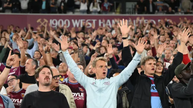 West Ham fans supporting their team from the stands in London Stadium during their game against Wrexham earlier this month