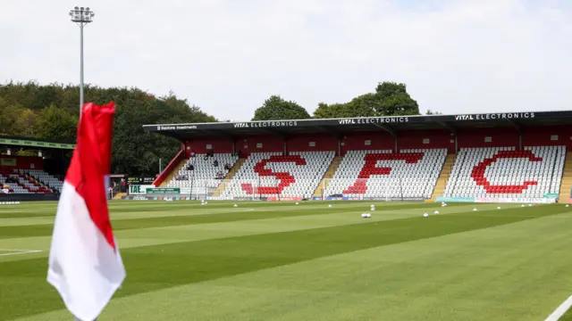 A general view of Stevenage's Broadhall Way SPORTA Arena ground with a red and white corner flag in the foreground
