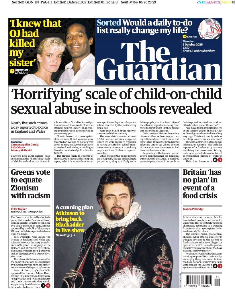 The headline on the front page of the Guardian reads: "'Horrifying' scale of child-on-child sexual abuse in schools revealed".