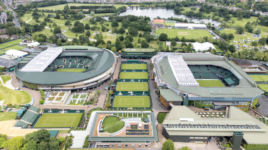 An aerial view of the Wimbledon courts with number one court on the left and Centre Court on the right
