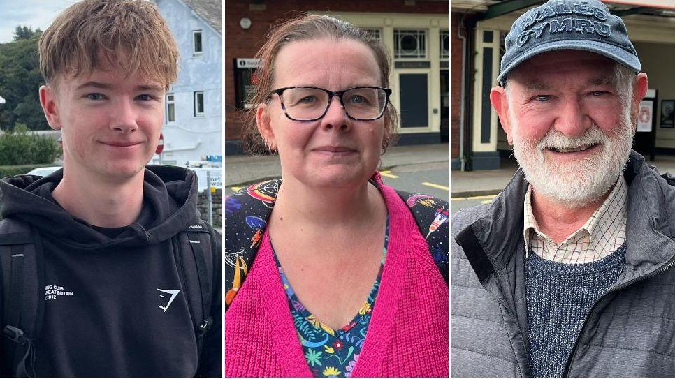 Rail passengers Scott, Rachel and Kieran outside Bangor train station. Scott is a young man with brown hair, Rachel wears glasses and has her hair tied back, and Kieran has a white beard and wears a navy cap.