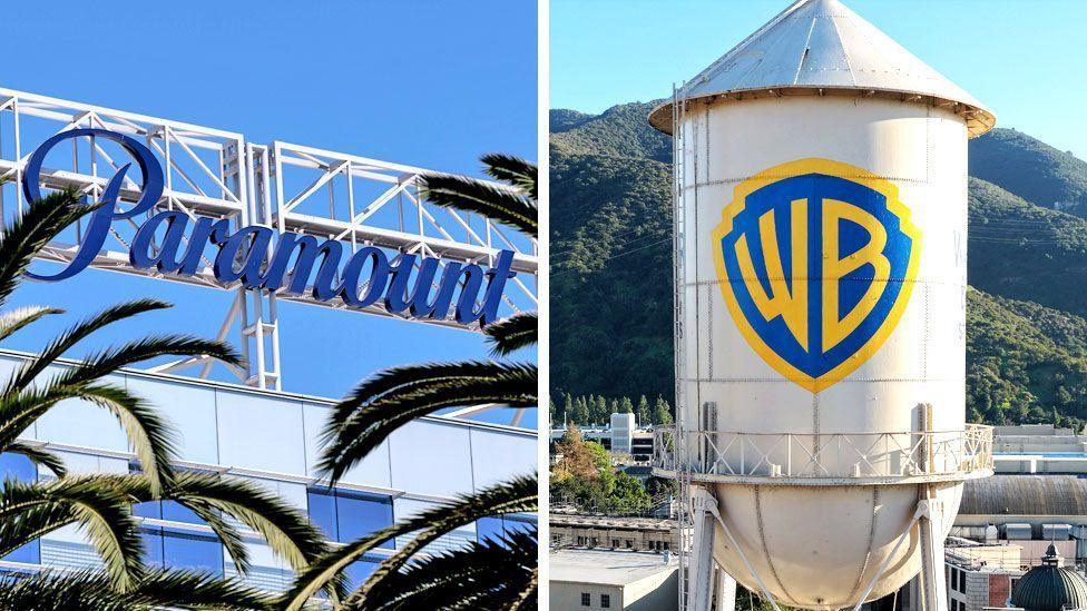 A composite image of Paramount and Warner Bros. logos on company buildings