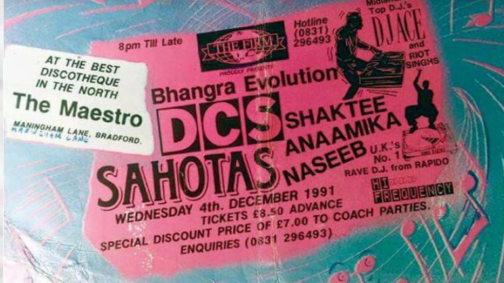 A pink ticket stub, faded, advertising an event billed as 'Bhangra Evolution' and taking place at The Maestro, "the best discotheque in the North"