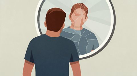 An illustration of a young man looking in to a broken mirror