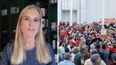 split screen of Kerry Kennedy on the left, looking into the camera, and a protest outside the Kennedy Center on the right.