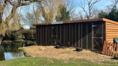 Maddy Jennings/BBC A large wooden building. The front of the building is metal mesh, and there are two gates on it. In front of the building, there is hay and two black buckets. To the left, there is a body of water and a tree. At the top of the front of the building, there is a sign which says "The Quack Shack" in green lettering. 
