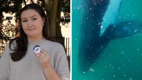 Composite image, on the left is BBC journalist Tiffanie Turnbull standing outside near trees wearing a grey top, on the right is a humpback whale underwater