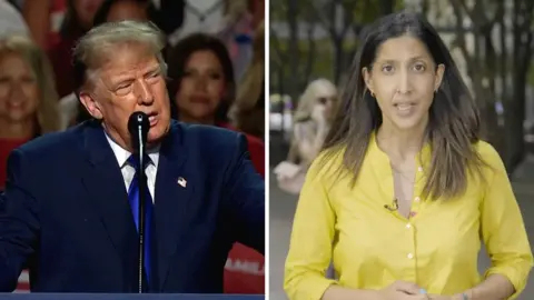 A splitscreen of Trump on the left and a woman in a yellow shirt on the right.