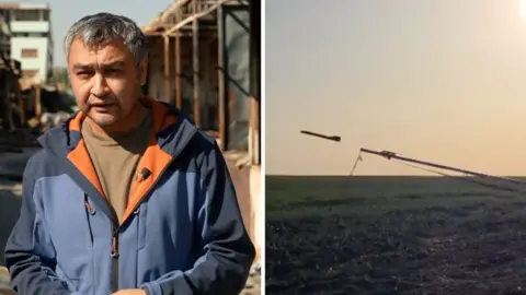 Left, a man in a blue raincoat. Right, a Ukrainian missile