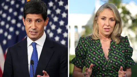 A split screen of a man in a blue tie on the left and a woman in a green and pink dress on the right.
