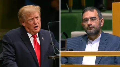 Split screen. Left, Donald Trump. Right, Iran representative in the UN.