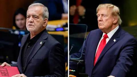 A split screen of Iran's president on the left and President Trump on the right. Both stand at a lectern delivering a speech at the UN.