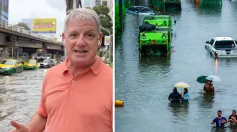 Composite image of Jonathan Head next to floodwater and an image of people trawling through water up to their knees