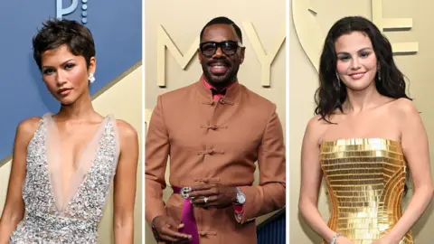 Split screen image showing Zendaya, Colman Domingo and Selena Gomez on the Emmys red carpet.
